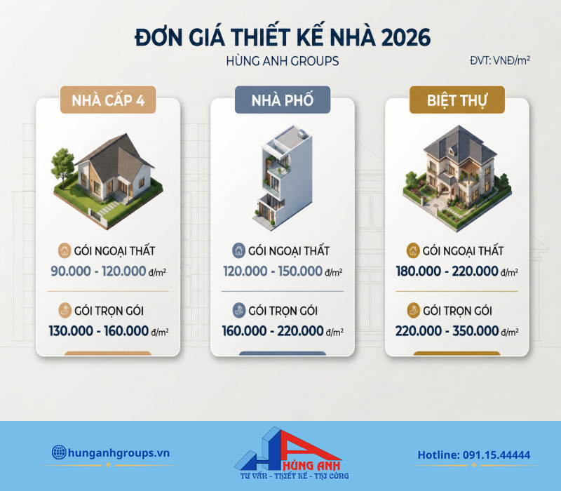 So sánh nhanh đơn giá thiết kế theo từng loại nhà và gói dịch vụ để chọn phương án tối ưu.
