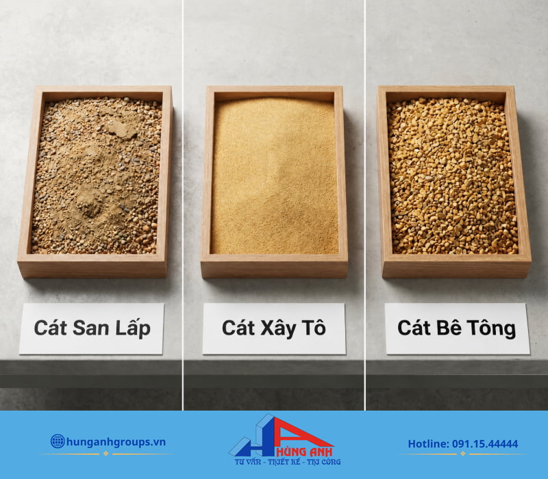 So sánh trực quan cỡ hạt và độ mịn giữa cát san lấp nền, cát trát tường và cát hạt lớn đổ bê tông.