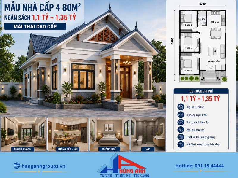 Sang trọng và đẳng cấp với mẫu nhà cấp 4 mái Thái 80m2 sử dụng vật liệu hoàn thiện cao cấp.