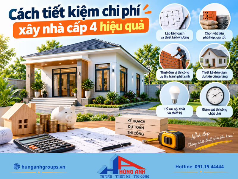 Chi phí xây nhà cấp 4 100m2 chi tiết, bảng dự toán chính xác và đầy đủ 2026 Cách tiết kiệm chi phí xây nhà cấp 4 hiệu quả