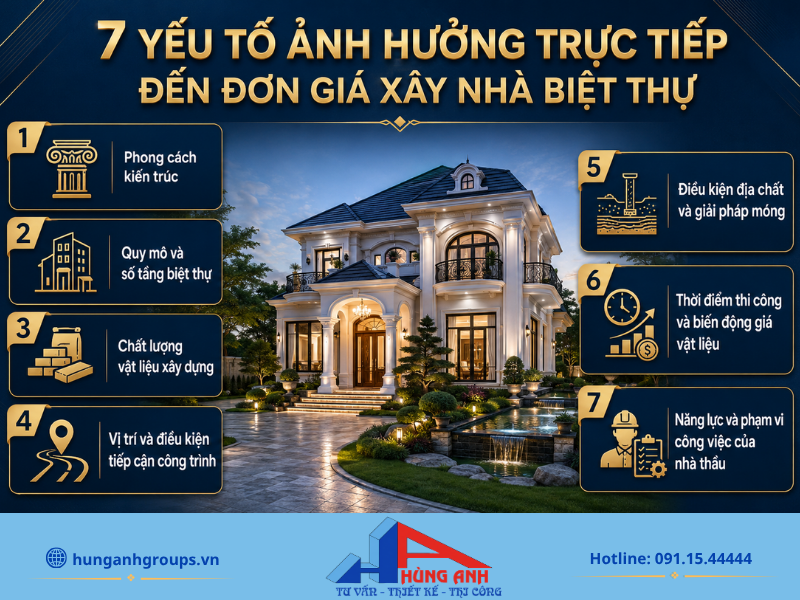 Phong cách kiến trúc, quy mô và chất lượng vật liệu là những yếu tố chính tác động đến đơn giá xây biệt thự.