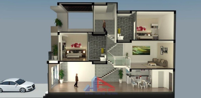 thiết kế nhà 3 tầng lệch