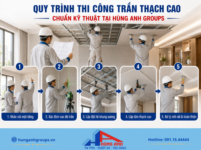 Giá Thi Công Trần Thạch Cao 2026 | Bảng Giá Chi Tiết Trọn Gói Quy trình thi công trần thạch cao chuẩn kỹ thuật tại Hùng Anh Groups