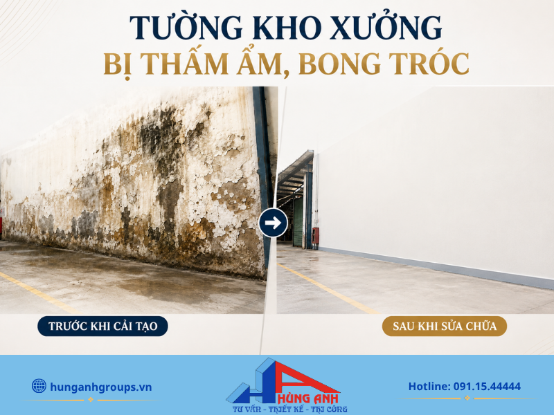 Tường nhà xưởng nứt nẻ và thấm ẩm có thể ảnh hưởng trực tiếp đến môi trường sản xuất cũng như điều kiện bảo quản hàng hóa.