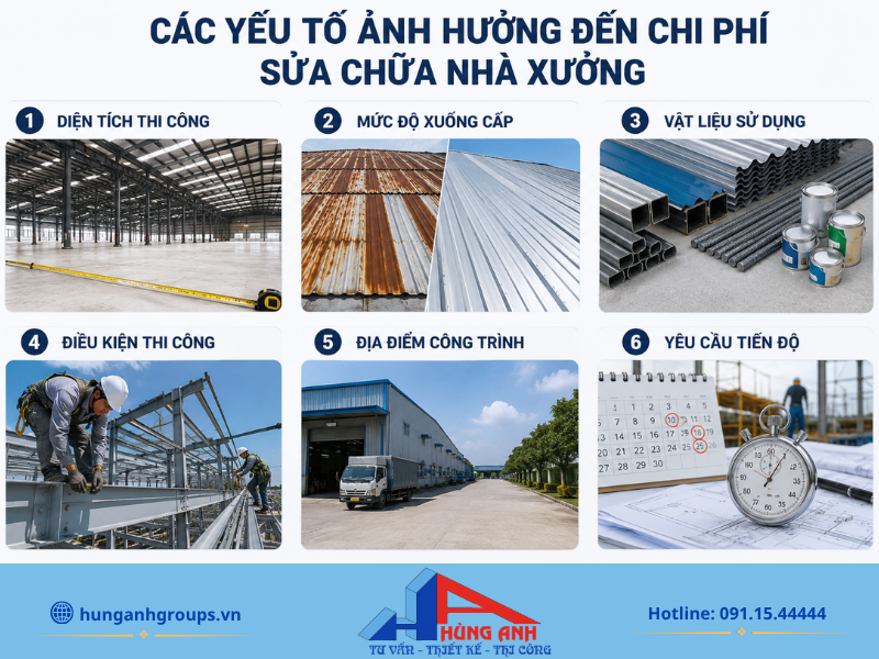 Sửa Chữa Nhà Xưởng Trọn Gói 2026 – Đơn Giá Chi Tiết Chi phí sửa chữa thực tế sẽ phụ thuộc vào quy mô diện tích, mức độ hư hỏng và vật liệu thi công được lựa chọn.