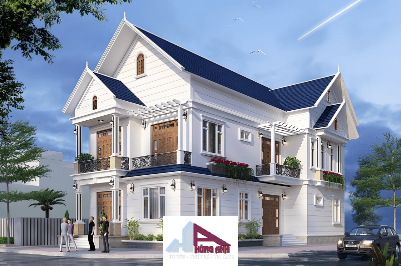 Mẫu biệt thự 2 tầng mái thái màu trắng
