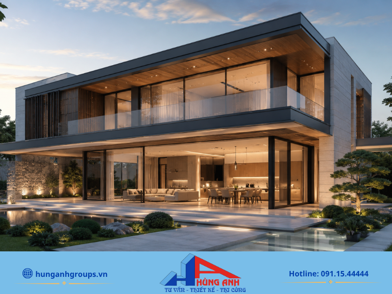 Biệt thự hiện đại nổi bật với thiết kế không gian mở và hệ kính Low-E tràn viền giúp tối ưu năng lượng.
