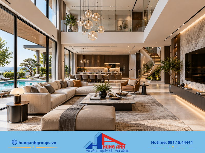 Ứng dụng đá tự nhiên và kính điện thông minh mang lại vẻ đẹp bề thế, sang trọng cho mặt đứng công trình.