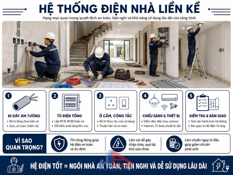 Hoàn Thiện Nhà Liền Kề Trọn Gói: Chi Phí, Đơn Giá & Quy Trình Thi Công 2026 Hệ thống điện cần được thi công an toàn, sử dụng thiết bị chính hãng và đi kèm sơ đồ bản vẽ rõ ràng.