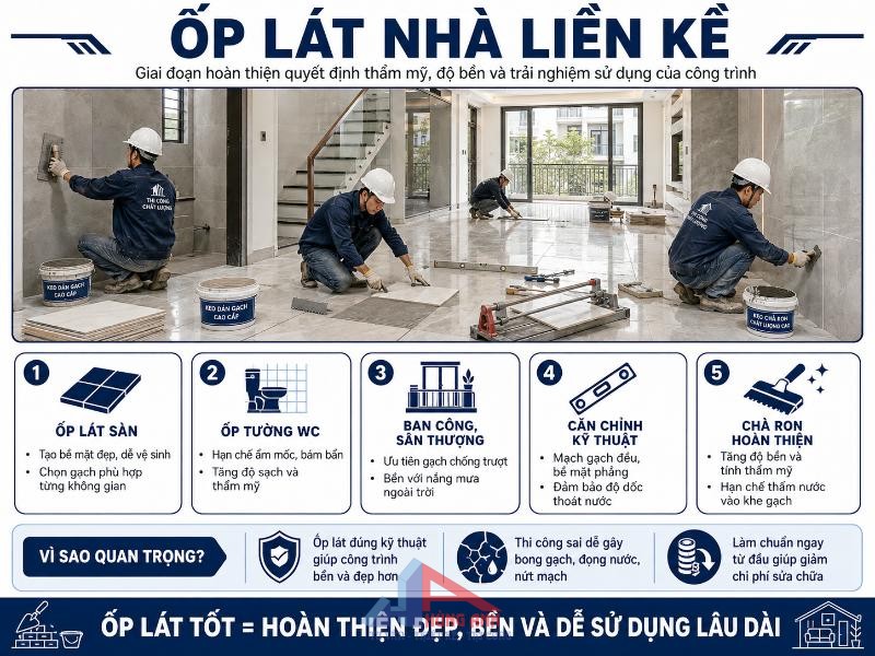 Hoàn Thiện Nhà Liền Kề Trọn Gói: Chi Phí, Đơn Giá & Quy Trình Thi Công 2026 Lựa chọn gạch ốp lát phù hợp cho từng khu vực giúp đảm bảo tính thẩm mỹ và độ bền dài lâu.