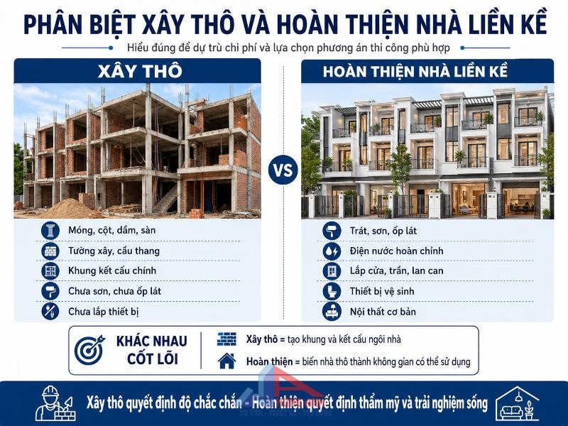 Hoàn Thiện Nhà Liền Kề Trọn Gói: Chi Phí, Đơn Giá & Quy Trình Thi Công 2026 Sự khác biệt rõ rệt của không gian sống trước và sau khi hoàn thiện nhà liền kề.