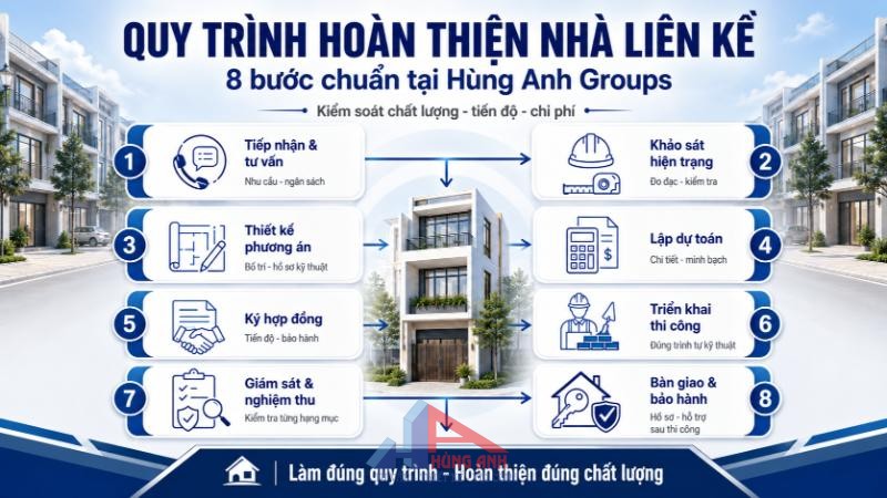 Hoàn Thiện Nhà Liền Kề Trọn Gói: Chi Phí, Đơn Giá & Quy Trình Thi Công 2026 Quy trình thi công 8 bước khép kín tại Hùng Anh Groups giúp kiểm soát chặt chẽ chất lượng và tiến độ.