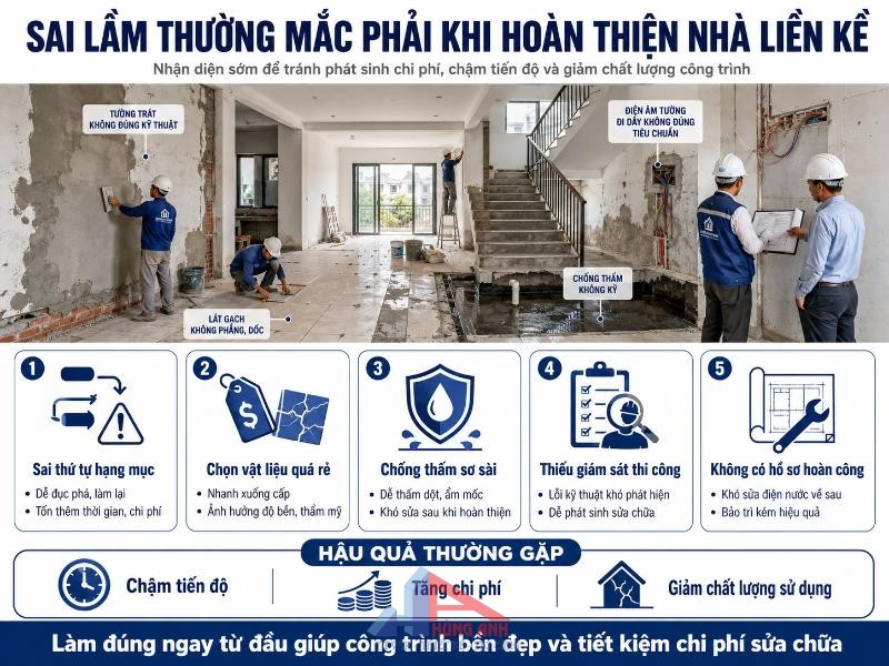 Hoàn Thiện Nhà Liền Kề Trọn Gói: Chi Phí, Đơn Giá & Quy Trình Thi Công 2026 Giám sát chặt chẽ và thi công đúng trình tự giúp hạn chế tối đa các lỗi phát sinh như thấm dột, nứt vỡ.