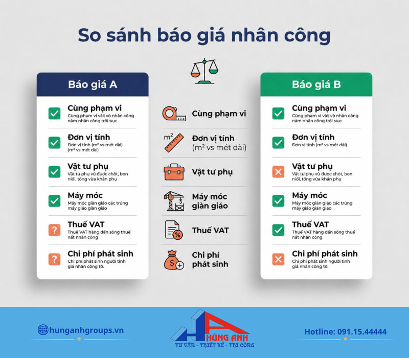 Giá nhân công xây dựng 2026 theo m2 và từng hạng mục Bảng đối chiếu 6 tiêu chí giúp so sánh chính xác hai báo giá và tránh bẫy giá rẻ phát sinh.