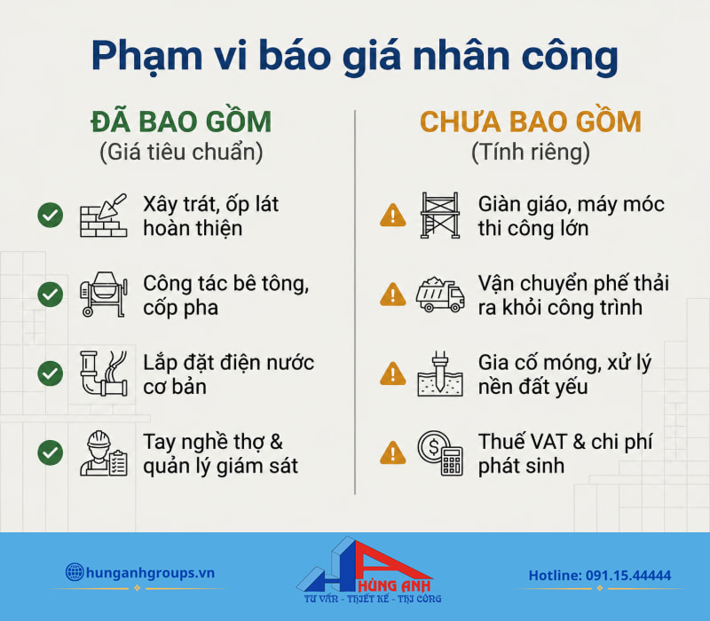 Giá nhân công xây dựng 2026 theo m2 và từng hạng mục Checklist phân biệt các chi phí đã gồm và tính riêng giúp tránh phát sinh ngoài hợp đồng.