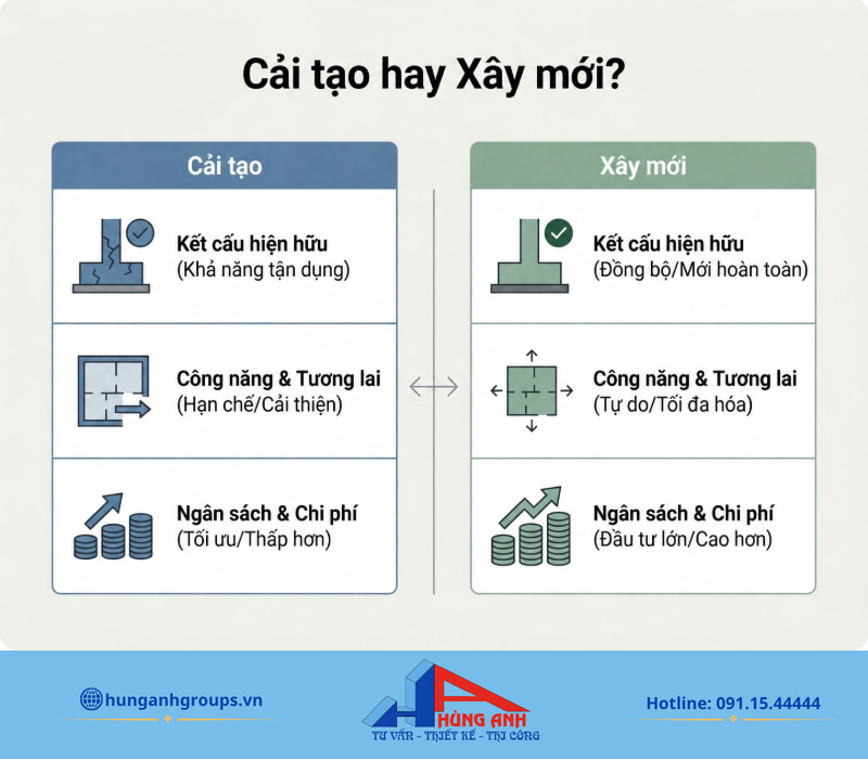 Đánh giá kết cấu và dự toán giúp chọn đúng giữa phương án cải tạo hay xây mới.