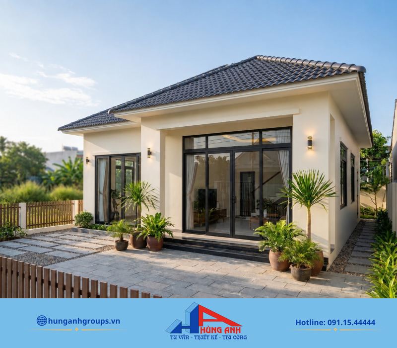 Mặt tiền nhà cấp 4 sau cải tạo với cửa kính lớn giúp đón sáng và mở rộng không gian sống.