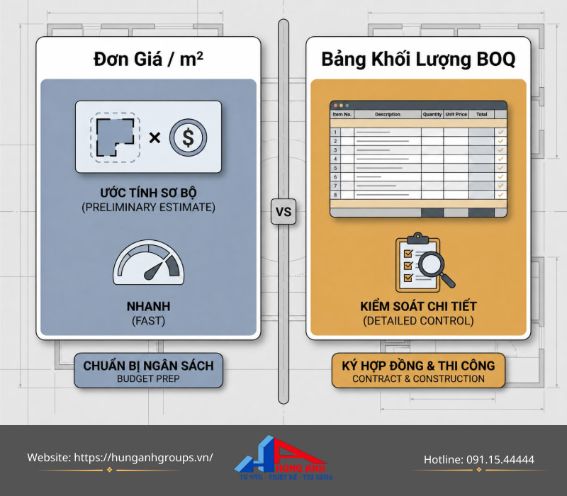 Báo giá hoàn thiện nhà xây thô tại Hà Nội theo từng hạng mục Phân biệt vai trò của đơn giám² khi lập ngân sách và bảng BOQ chi tiết khi chốt hợp đồng.