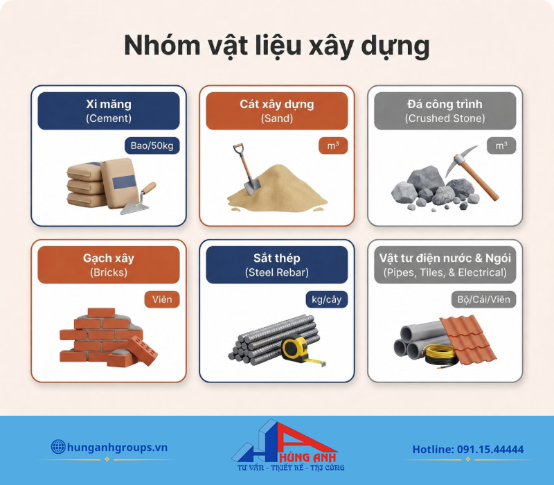 Bảng giá vật liệu xây dựng và cách tính chi phí thực tế Phân loại các nhóm vật liệu thô và quy cách tương ứng trước khi tra cứu bảng giá chi tiết.