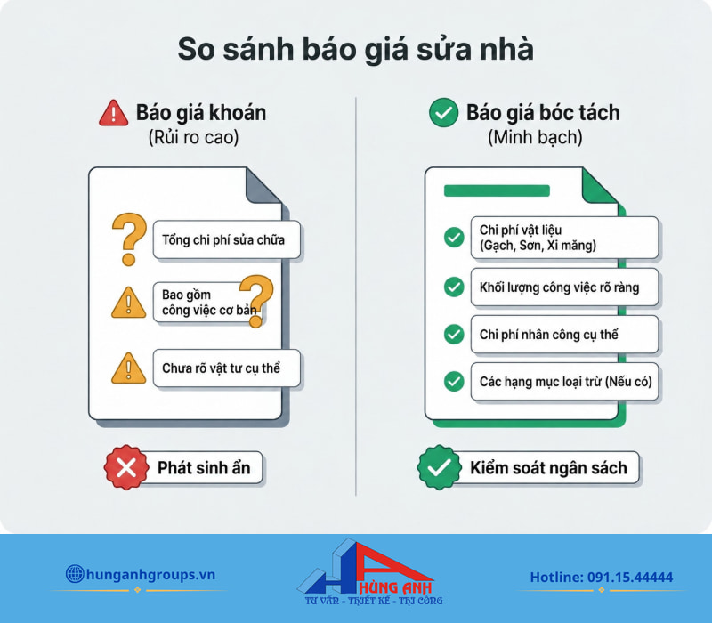 Giá sửa nhà cấp 4 gác lửng 2026 và cách dự toán chi phí So sánh tiêu chí báo giá minh bạch giúp chủ nhà đánh giá đúng phạm vi công việc giữa các nhà thầu thi công.