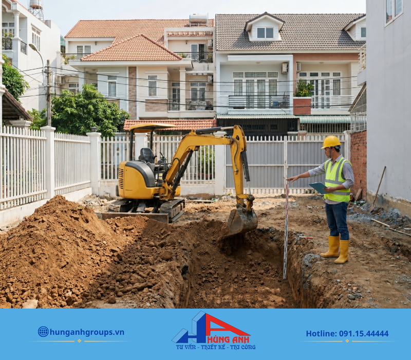 Thi công đào móng nhà phố thực tế giúp gia chủ nắm rõ điều kiện mặt bằng để dự trù chi phí chuẩn xác.