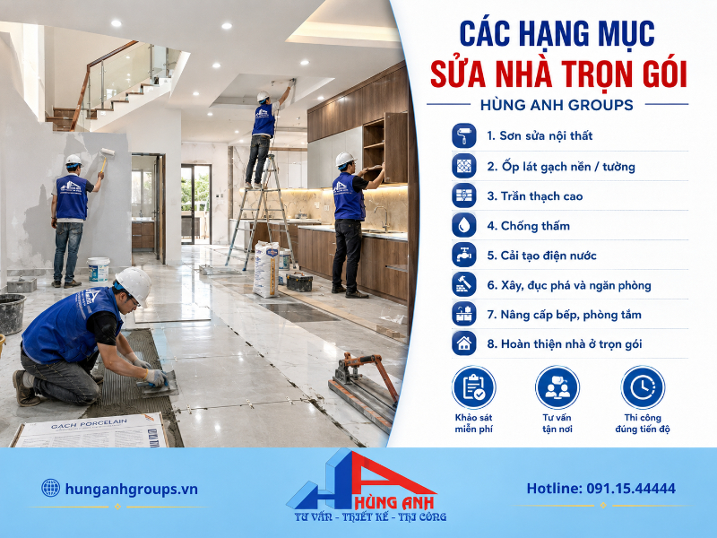 Sửa Nhà Trọn Gói Hà Nội – Dịch Vụ Sửa Chữa Nhà Uy Tín, Giá Rẻ 2026 Dịch vụ sửa chữa trọn gói của Hùng Anh Groups bao gồm đầy đủ các công đoạn từ phá dỡ, gia cố kết cấu, làm điện nước đến ốp lát và hoàn thiện nội thất.