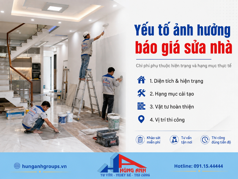 Mức độ xuống cấp, vị trí ngõ nhỏ, tiến độ yêu cầu và chủng loại vật liệu là những yếu tố chính làm thay đổi tổng chi phí cải tạo nhà.