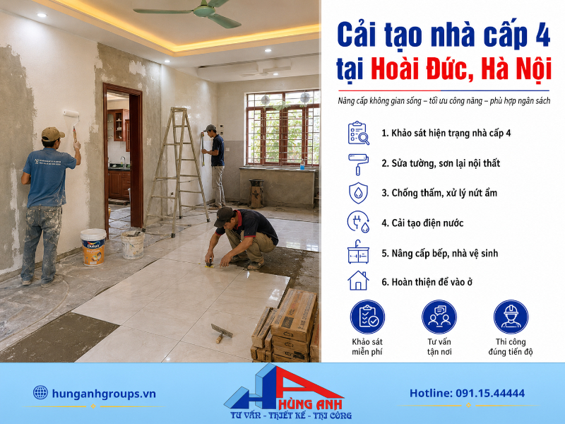 Sửa Nhà Trọn Gói Hà Nội – Dịch Vụ Sửa Chữa Nhà Uy Tín, Giá Rẻ 2026 Cải tạo nhà cấp 4 tại Hoài Đức giúp không gian sống trở nên thông thoáng, tiện nghi hơn với mức chi phí tiết kiệm so với xây mới.