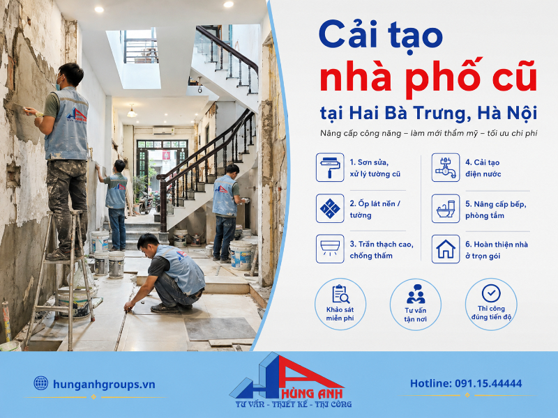 Tận dụng kết cấu hiện hữu và tập trung xử lý chống thấm, làm lại hệ thống kỹ thuật cho căn nhà phố cũ tại Hai Bà Trưng.