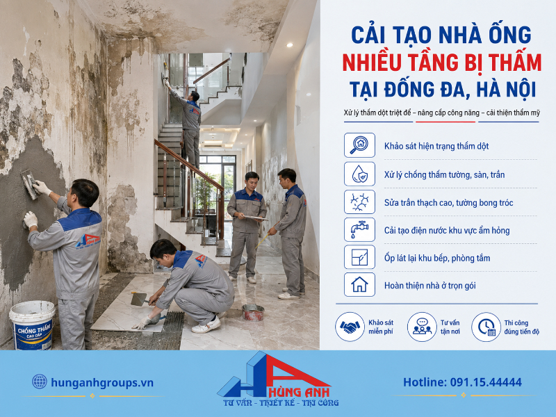 Sửa Nhà Trọn Gói Hà Nội – Dịch Vụ Sửa Chữa Nhà Uy Tín, Giá Rẻ 2026 Xử lý triệt để nguyên nhân rò rỉ nước từ cổ ống và mái trước khi hoàn thiện lại bề mặt cho công trình nhà ống tại Đống Đa.