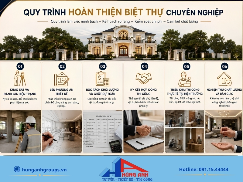 Hoàn thiện biệt thự trọn gói báo giá theo hạng mục 2026 Quy trình hoàn thiện biệt thự