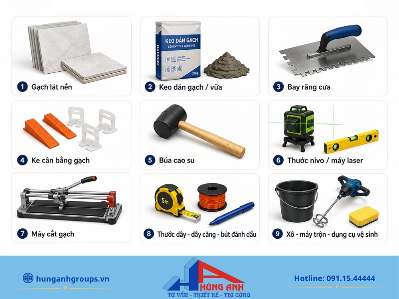 Chuẩn bị vật tư và dụng cụ trước khi lát sàn