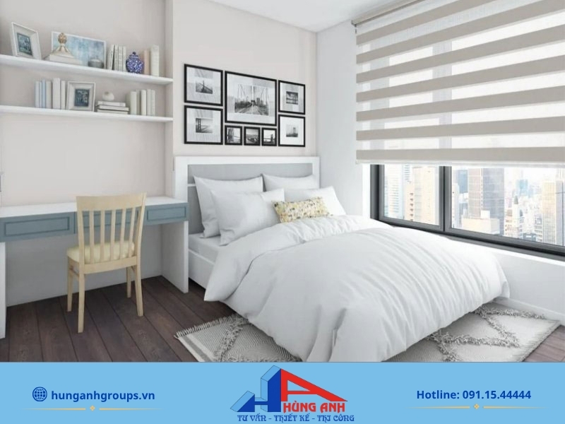 Thiết kế phòng ngủ chung cư đẹp & hiện đại Mẫu bố trí phòng ngủ chung cư nhỏ 10m2 với giường ngủ thông minh có ngăn kéo Hùng Anh Groups