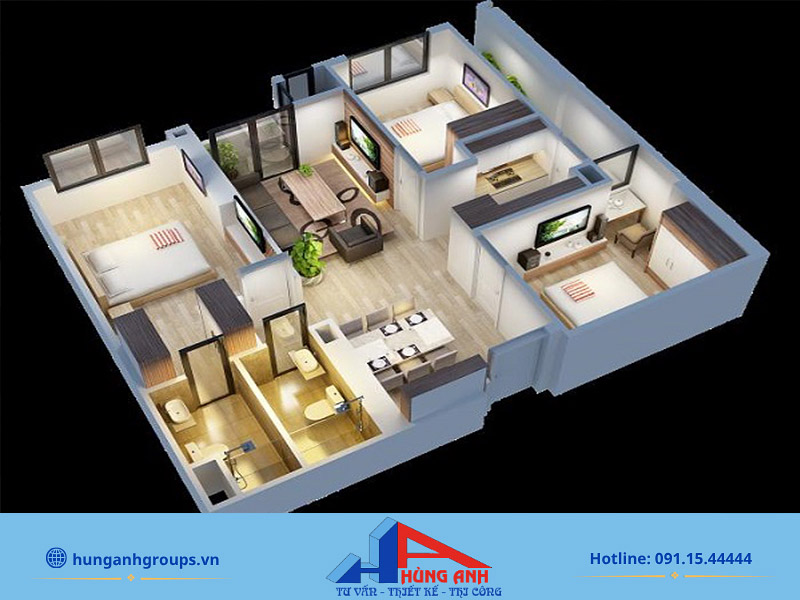 8 thiết kế nội thất nhà chung cư 2-3 phòng ngủ Mẫu thiết kế nhà chung cư 3 phòng ngủ 100m2