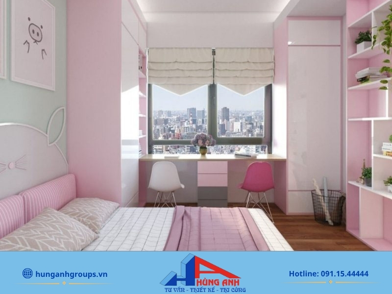 Thiết kế phòng ngủ chung cư đẹp & hiện đại Mẫu thiết kế phòng ngủ nhà chung cư cho bé gái tone hồng đáng yêu
