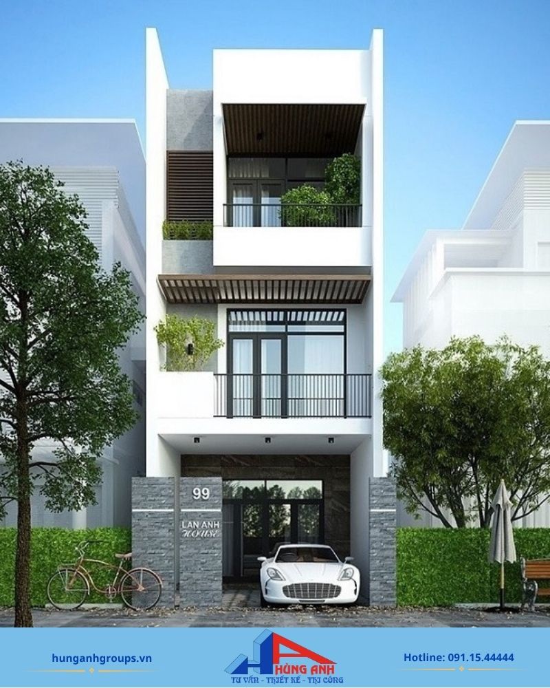 Chi phí xây nhà 3 tầng trọn gói và cách tính tưng hạng mục Mẫu nhà ống 3 tầng bố trí gara phía trước