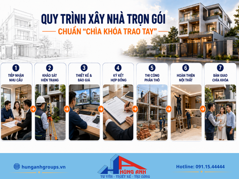 Xây Nhà Trọn Gói Hà Nội 2026 | Báo Giá Chi Tiết Và Quy Trình Chuẩn A–Z Sơ đồ quy trình 7 bước thi công nhà trọn gói chuẩn "chìa khóa trao tay" chuyên nghiệp tại Hùng Anh Groups.