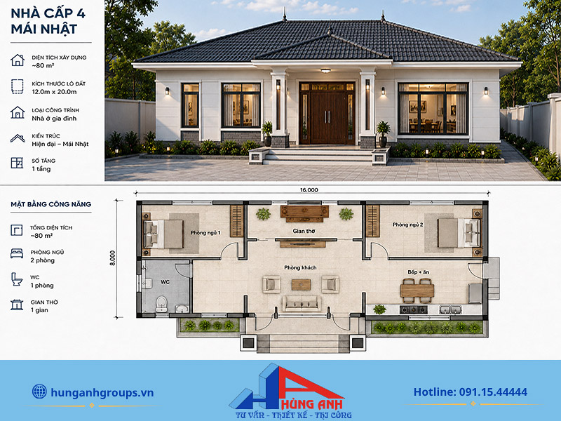 Ưu nhược điểm của thiết kế nhà cấp 4 mái Nhật từ 60 -120m2 Thiết kế và phối ảnh nhà cấp 4 mái Nhật diện tích 80m2