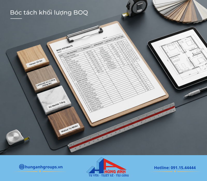 Thi công nội thất nhà liền kề: cách dự toán và nghiệm thu Bảng BOQ chi tiết giúp gia chủ kiểm soát quy cách vật tư và so sánh báo giá minh bạch giữa các đơn vị.