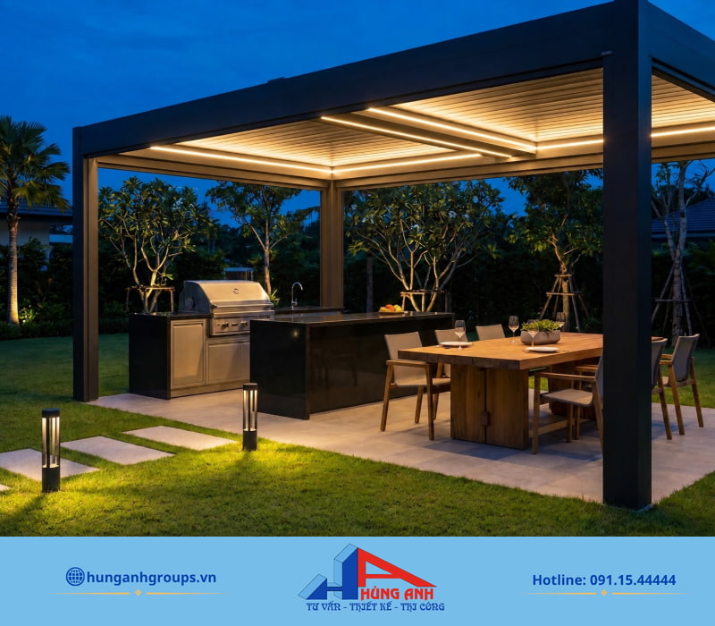 Khu BBQ ngoài trời tiện nghi kết hợp hệ thống chiếu sáng thông minh đón trọn gió tự nhiên.