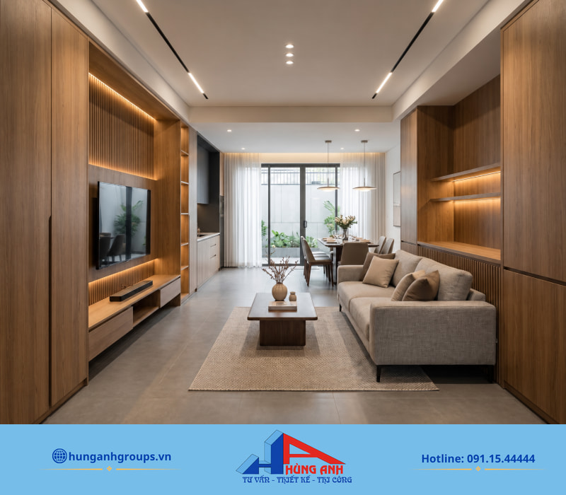 Thi công nội thất nhà liền kề: cách dự toán và nghiệm thu Thi công nội thất liền kề đồng bộ giữa khách và bếp giúp tối ưu công năng và mở rộng không gian.