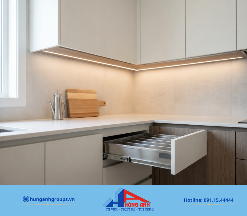 Thi công nội thất nhà liền kề: cách dự toán và nghiệm thu Tủ bếp may đo đòi hỏi chuẩn xác từng mối ghép và phụ kiện để đảm bảo vận hành bền bỉ theo thời gian.