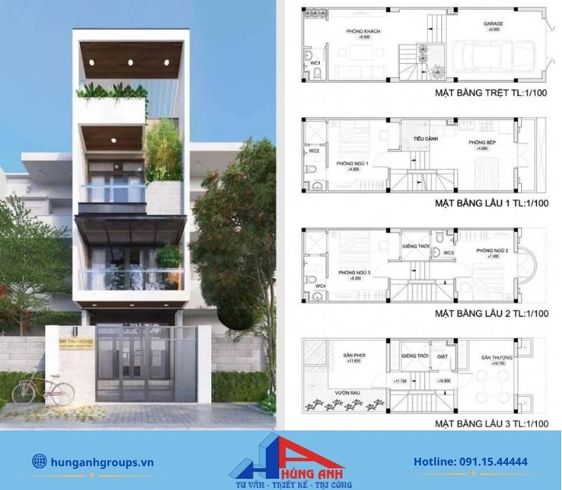 Bản vẽ thiết kế kiến trúc bóc tách nhà ống 3 tầng chi tiết