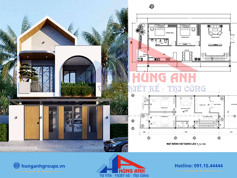 Bản vẽ thiết kế và phối cảnh 3D nhà 2 tầng