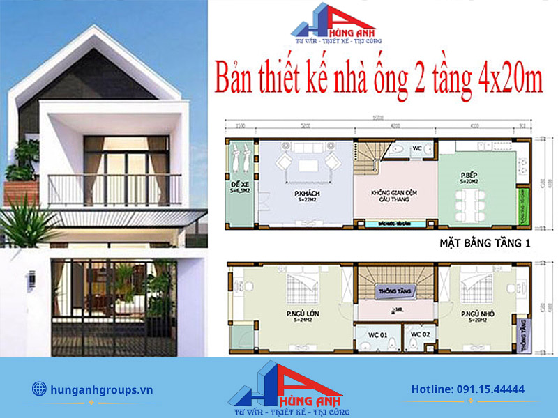Bản vẽ thiết kế và phối cảnh nhà ống 2 tầng sử dụng cho nhà phố