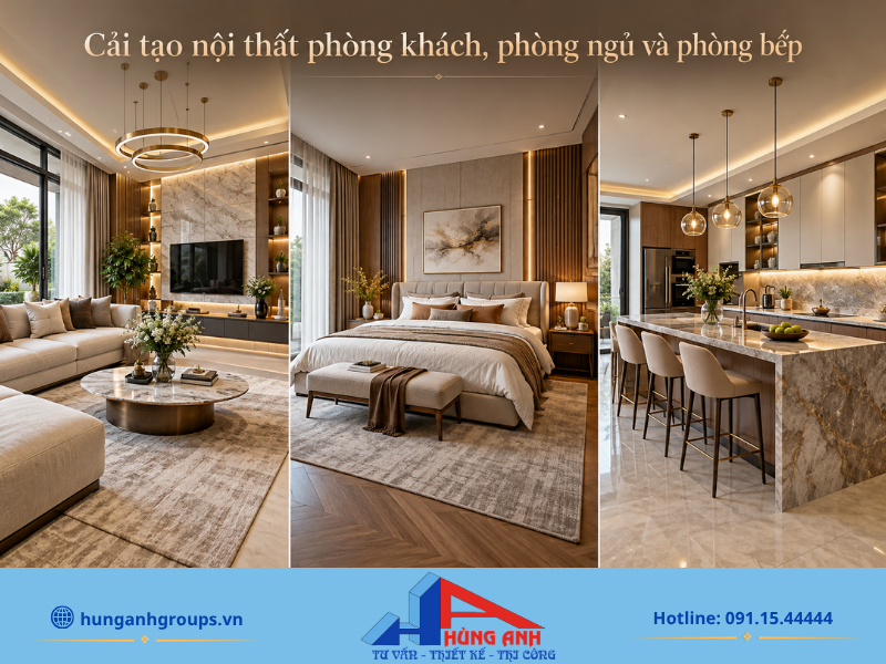Cải tạo nội thất phòng khách, phòng ngủ và phòng bếp đồng bộ giúp tối ưu công năng và nâng cao chất lượng sinh hoạt gia đình.