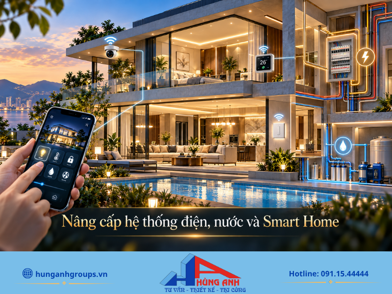 Thi công nâng cấp đồng bộ hệ thống điện nước âm tường và tích hợp thiết bị thông minh đảm bảo an toàn, tiện nghi lâu dài.