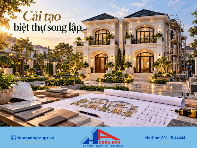 Phương án cải tạo biệt thự song lập tận dụng tối đa ba mặt thoáng để mở rộng không gian sống và làm mới cảnh quan.