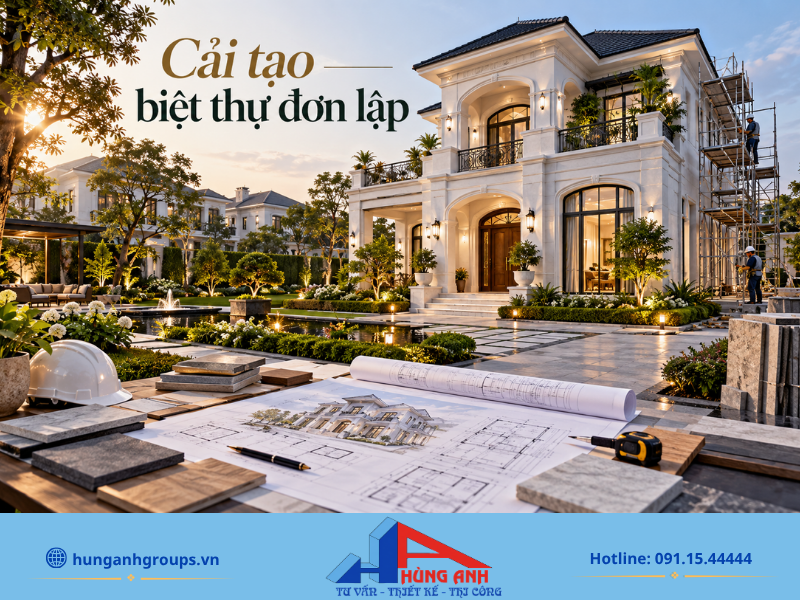 Biệt thự đơn lập sau cải tạo nổi bật với kiến trúc bề thế, khai thác trọn vẹn lợi thế bốn mặt thoáng kết nối cùng sân vườn.