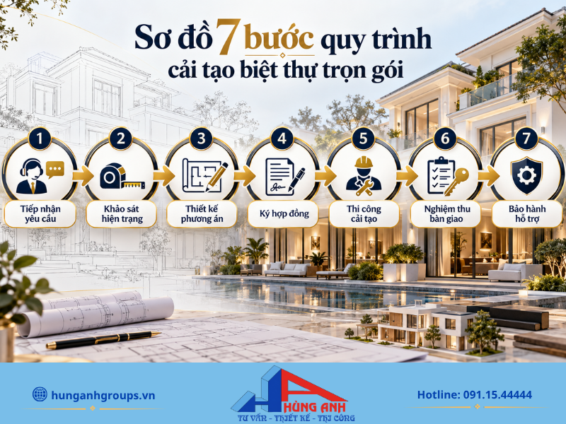 Quy trình 7 bước cải tạo nhà biệt thự trọn gói chuyên nghiệp, minh bạch tại Hùng Anh Groups.